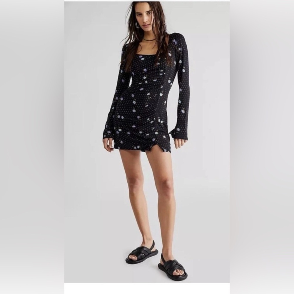 FREE PEOPLE CELIA MINI DRESS BLACK POLKA DOT BLUE FLORAL SIZE SMALL - Picture 6 of 10